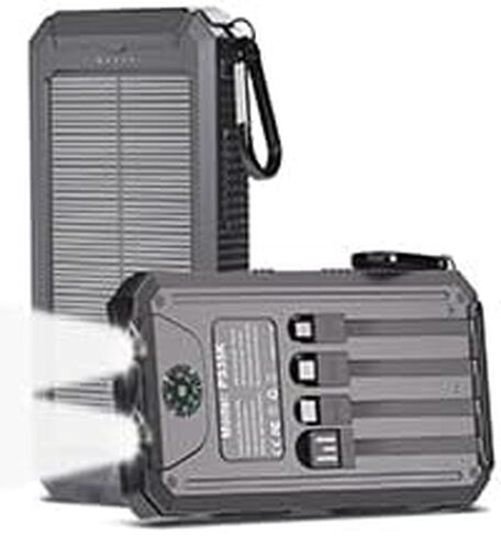 شاحن بالطاقة الشمسية بقدرة 20,000 مللي أمبير في الساعة، بنك طاقة محمول، 4 كابلات شاحن هاتف احتياطي خارجي مقاوم للماء مع USB-C للهواتف المحمولة، حزمة بطارية شمسية مع مصباح يدوي مزدوج للتخييم in Kuwait