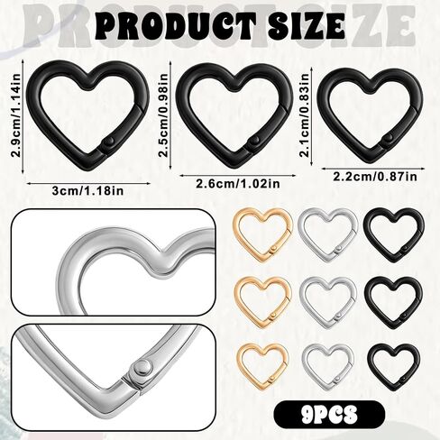 9Pcs 3 Sizes Heart Carabiner, Zinc Alloy Cute Small Carabiner Keychain Clip Spring Snap Clasp Hook Key Ring for Camping Hiking Fishing Traveling (Gold,Silver,Black) in Saudi Arabia
