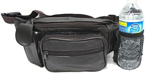 5 Zipper Pockets Deluxe Genuine Leather Waist Bag Fanny Pack w/Water Bottle Holder -BLACK in Saudi Arabia
