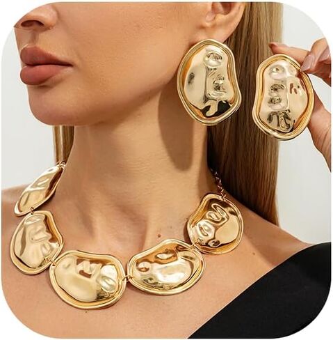 Chunky Gold Necklace Set for Women African Thick Boho Necklace Hoop Earrings Bracelets Ring Set Punk Jewelry in Saudi Arabia