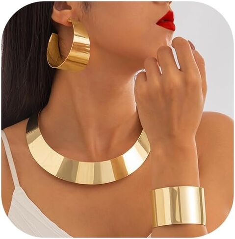 Chunky Gold Necklace Set for Women African Thick Boho Necklace Hoop Earrings Bracelets Ring Set Punk Jewelry in Saudi Arabia
