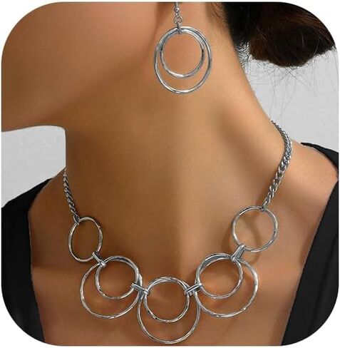 Chunky Gold Necklace Set for Women African Thick Boho Necklace Hoop Earrings Bracelets Ring Set Punk Jewelry in Saudi Arabia