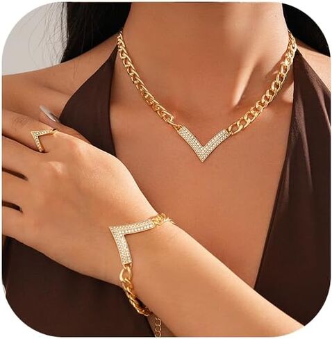 Chunky Gold Necklace Set for Women African Thick Boho Necklace Hoop Earrings Bracelets Ring Set Punk Jewelry in Saudi Arabia