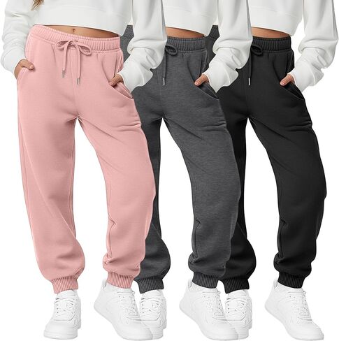 3 حزمة ركض للبنات أطفال سروال سروال سروال مضلعة الكفة مرنة الخصر السقوط السراويل المراهقة غير الرسمية مع جيوب in Kuwait