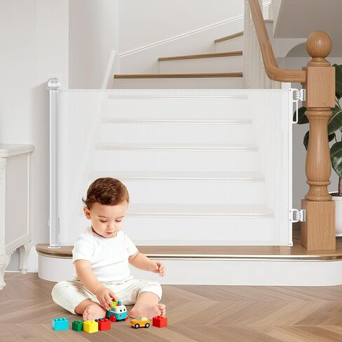Retractable Baby Gate,55" Wide x 34" Tall Mesh Safety Gate for Dogs & Babies, Indoor/Outdoor Use for Stairs, Doorways, Hallways,Easy Installation Mesh Gate Drill/Non-Drill Installations in Saudi Arabia
