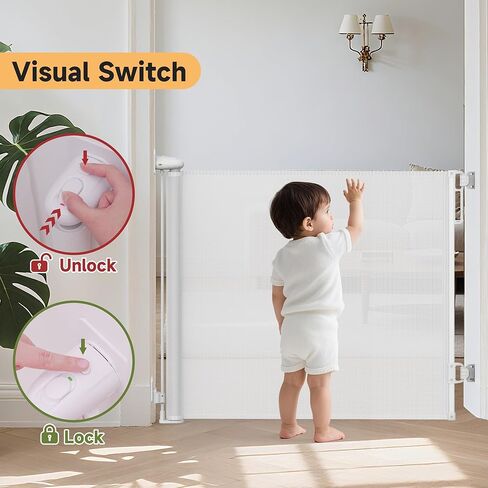 Retractable Baby Gate,55" Wide x 34" Tall Mesh Safety Gate for Dogs & Babies, Indoor/Outdoor Use for Stairs, Doorways, Hallways,Easy Installation Mesh Gate Drill/Non-Drill Installations in Saudi Arabia