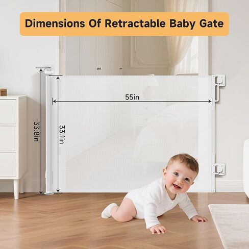 Retractable Baby Gate,55" Wide x 34" Tall Mesh Safety Gate for Dogs & Babies, Indoor/Outdoor Use for Stairs, Doorways, Hallways,Easy Installation Mesh Gate Drill/Non-Drill Installations in Saudi Arabia