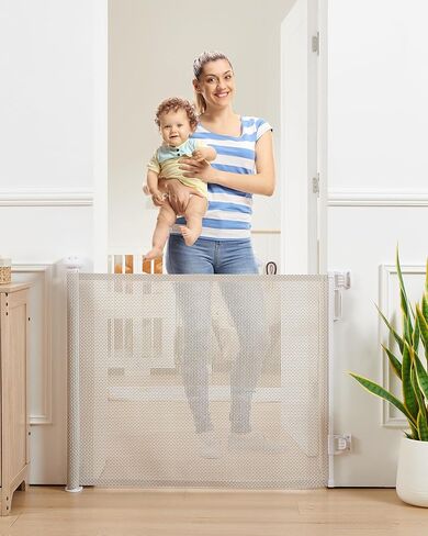 بوابة أطفال قابلة للسحب، شبكة رائعة من الروطان، بطول 81.28 سم، وتمتد حتى عرض 137.16 سم، بوابة للكلاب للسلالم والمدخل والممر وسياج الحيوانات الأليفة الداخلي والخارجي، تصميم يمكن المرور من خلاله بدون شريط سفلي، بيج in Kuwait