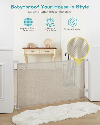 بوابة أطفال قابلة للسحب، شبكة رائعة من الروطان، بطول 81.28 سم، وتمتد حتى عرض 137.16 سم، بوابة للكلاب للسلالم والمدخل والممر وسياج الحيوانات الأليفة الداخلي والخارجي، تصميم يمكن المرور من خلاله بدون شريط سفلي، بيج in Kuwait