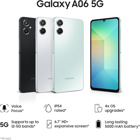 سامسونج جالاكسي A06 5G | 128 جيجابايت، 2025 | IP54 مقاوم للرذاذ، شاشة 6.7 بوصة 90 هرتز، Android 15، مصنع الطراز الدولي مفتوح للعالم، T-Mobile، Metro | حزمة شاحن سريع 20 وات، أسود in Kuwait