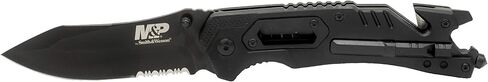 Smith & Wesson M&P 8.5 بوصة سكين عالي الكربون SS زنبركي قابل للطي مع شفرة نقطة إسقاط مسننة 3.5 بوصة ومقبض مطاطي للبقاء في الهواء الطلق وEDC in Kuwait
