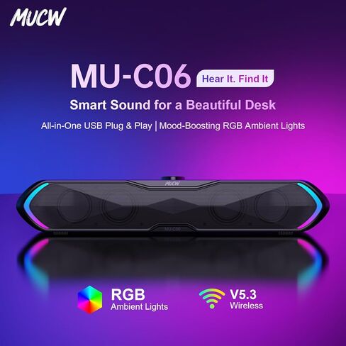 مكبر صوت MU-C06 بلوتوث 5.3 للألعاب مع أضواء RGB ومقبض مستوى الصوت، اتصال مزدوج (بلوتوث لاسلكي وسلك USB)، مكبر صوت للتوصيل والتشغيل لسطح المكتب والكمبيوتر المحمول، أسود in Kuwait