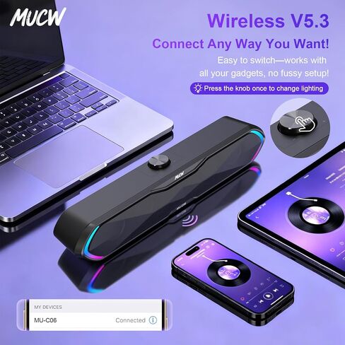 مكبر صوت MU-C06 بلوتوث 5.3 للألعاب مع أضواء RGB ومقبض مستوى الصوت، اتصال مزدوج (بلوتوث لاسلكي وسلك USB)، مكبر صوت للتوصيل والتشغيل لسطح المكتب والكمبيوتر المحمول، أسود in Kuwait