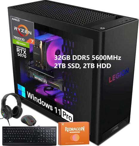 كمبيوتر مكتبي للألعاب Lenovo Legion Tower 5 (2025)، AMD Ryzen 7 7800X3D، 12 جيجابايت GDDR7 NVIDIA GeForce RTX 5070، 64 جيجابايت DDR5 5600 ميجاهرتز، 2 تيرابايت SSD، 2 تيرابايت HDD، Wi-Fi 6E، Windows 11 Pro، W/REDRAGON سماعات رأس وماوس in Kuwait