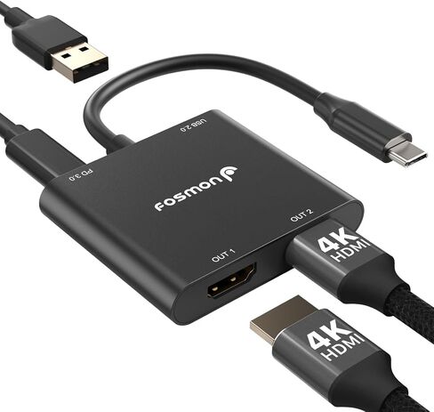 محول Fosmon USB C إلى HDMI مزدوج، مقسم HDMI 4 في 1 للشاشات المزدوجة، شاشة ممتدة مع شاحن PD 100 وات، يدعم 4K عند 60 هرتز وثنائي 4K عند 30 هرتز لجهاز MacBook Air/Pro، Dell XPS، السطح، الكمبيوتر اللوحي المحمول in Kuwait