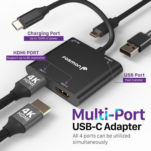 محول Fosmon USB C إلى HDMI مزدوج، مقسم HDMI 4 في 1 للشاشات المزدوجة، شاشة ممتدة مع شاحن PD 100 وات، يدعم 4K عند 60 هرتز وثنائي 4K عند 30 هرتز لجهاز MacBook Air/Pro، Dell XPS، السطح، الكمبيوتر اللوحي المحمول in Kuwait