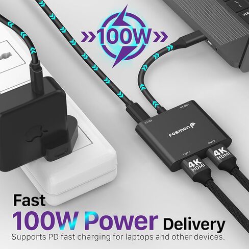 محول Fosmon USB C إلى HDMI مزدوج، مقسم HDMI 4 في 1 للشاشات المزدوجة، شاشة ممتدة مع شاحن PD 100 وات، يدعم 4K عند 60 هرتز وثنائي 4K عند 30 هرتز لجهاز MacBook Air/Pro، Dell XPS، السطح، الكمبيوتر اللوحي المحمول in Kuwait