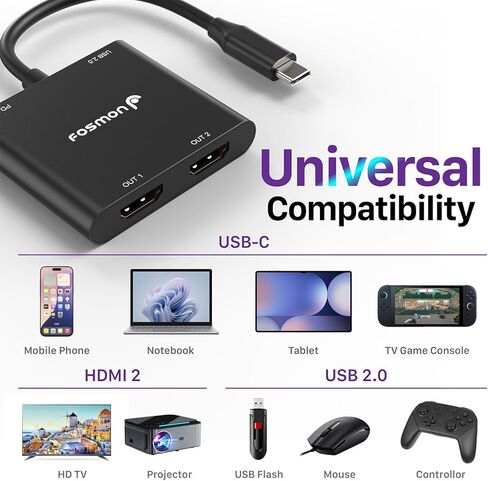 محول Fosmon USB C إلى HDMI مزدوج، مقسم HDMI 4 في 1 للشاشات المزدوجة، شاشة ممتدة مع شاحن PD 100 وات، يدعم 4K عند 60 هرتز وثنائي 4K عند 30 هرتز لجهاز MacBook Air/Pro، Dell XPS، السطح، الكمبيوتر اللوحي المحمول in Kuwait