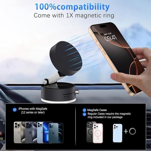 حامل هاتف سيارة مطور 2025، حامل هاتف مغناطيسي لشفط الهواء لهاتف iPhone 16 15 14 13 12 Pro Max الذكي، معدن سطح أملس لاسلكي محمول، زجاج، جدار، مرآة ونافذة سيارة، أسود in Kuwait