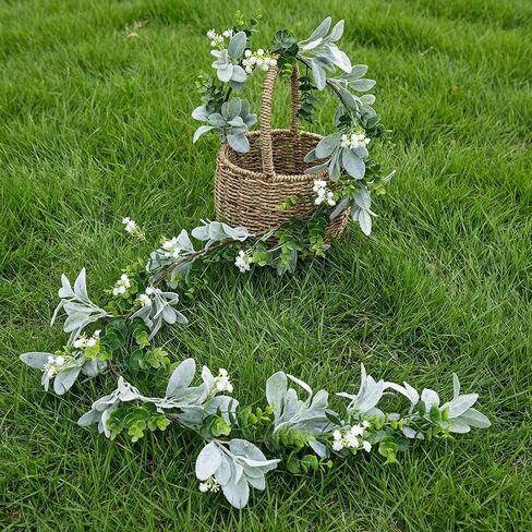 Suncalla 6 ft Artificial Flocked Lambs Ear Garland with White Berries, White Berries Spring Garland, Decorative Farmhouse Vines for Mantle Fireplace Wedding Spring Tabletop Centerpieces Home Decor in Saudi Arabia