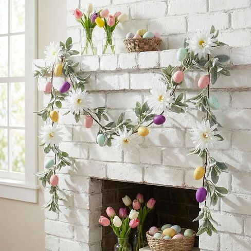 Suncalla 6 ft Artificial Flocked Lambs Ear Garland with White Berries, White Berries Spring Garland, Decorative Farmhouse Vines for Mantle Fireplace Wedding Spring Tabletop Centerpieces Home Decor in Saudi Arabia