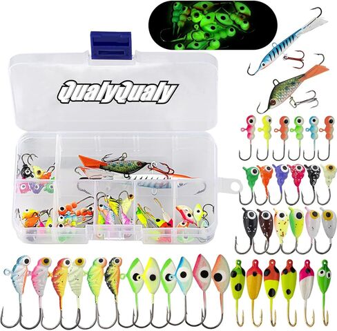 QualyQualy Ice Fishing Jigs Kit 38-72Pcs Ice Fishing Lures for Walleye Perch Jigs Heads for Ice Fishing Tackle Panfish Crappie Jigs, Glow in Dark-Ice Fishing Jigs with Storage Box in Saudi Arabia