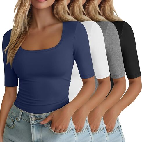 Neer 4 Pack قمصان نسائية نصف كم مزيج من القطن طول الكوع تي شيرت قابل للتمدد رقبة مربعة نحيفة ملائمة ملابس علوية أساسية غير رسمية in Saudi Arabia