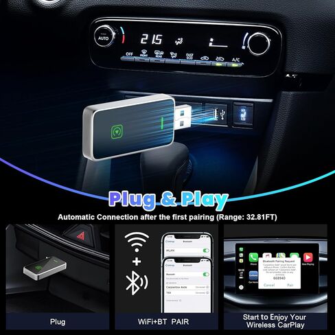 محول Carplay اللاسلكي لأجهزة Apple، ترقية محول تشغيل السيارة السلكي إلى اللاسلكي، التوصيل والتشغيل، التحكم المستقر وعدم التأخير، عصا دونجل تشغيل السيارة فقط لسيارات Apple السلكية CarPlay ولهاتف iPhone iOS 10+ in Kuwait
