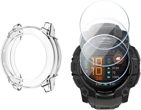 واقي شاشة للساعة متوافق مع ساعة Garmin Instinct 3 الذكية الشمسية مقاس 45 مم، طبقة حماية من الزجاج المقسى 9H تغطية كاملة وغطاء حماية ناعم من مادة TPU (شفاف) in Kuwait