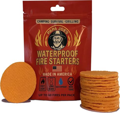 Papa Joe's 100% Waterproof Fire Starter (15 Disc) Up to 60 Fires | 8-10 Minute Burn Instant Light | Fire Pits, Grills, Survival | for Emergency Kits | Handmade in USA Camping Accessories in Saudi Arabia