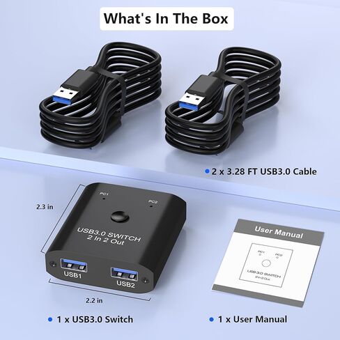 محول USB 3.0 2 في 2، محول USB لجهازي كمبيوتر مشاركة لوحة مفاتيح، ماوس، طابعة، محول مشاركة USB لنظام التشغيل Windows/Mac/Linux، مفتاح اختيار USB بمنفذين مع كابلين USB3.0، التوصيل والتشغيل in Kuwait