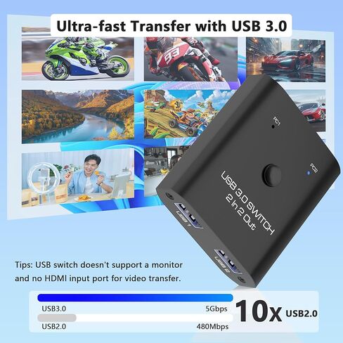 محول USB 3.0 2 في 2، محول USB لجهازي كمبيوتر مشاركة لوحة مفاتيح، ماوس، طابعة، محول مشاركة USB لنظام التشغيل Windows/Mac/Linux، مفتاح اختيار USB بمنفذين مع كابلين USB3.0، التوصيل والتشغيل in Kuwait