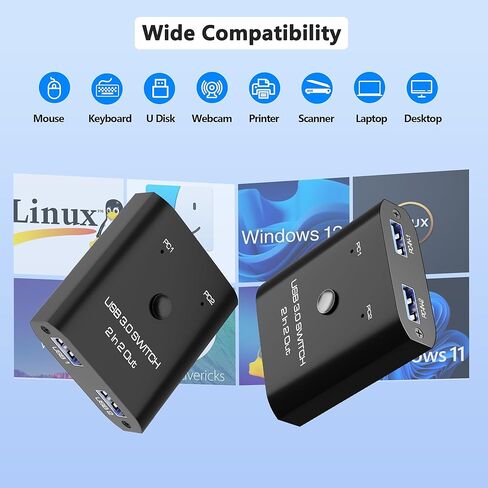 محول USB 3.0 2 في 2، محول USB لجهازي كمبيوتر مشاركة لوحة مفاتيح، ماوس، طابعة، محول مشاركة USB لنظام التشغيل Windows/Mac/Linux، مفتاح اختيار USB بمنفذين مع كابلين USB3.0، التوصيل والتشغيل in Kuwait