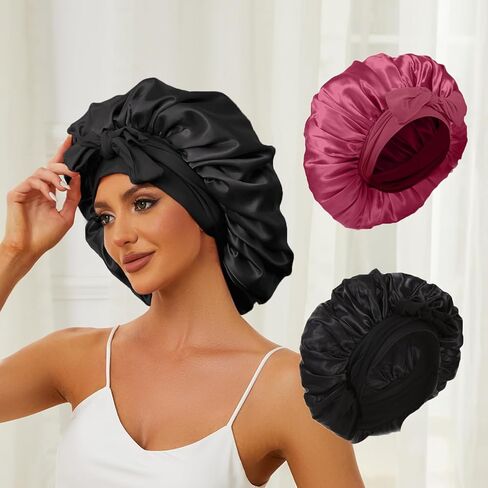 2PCS Satin Silk Sleep Bonnets for Women with Adjustable Tie, Ideal for Jumbo Braids in Saudi Arabia