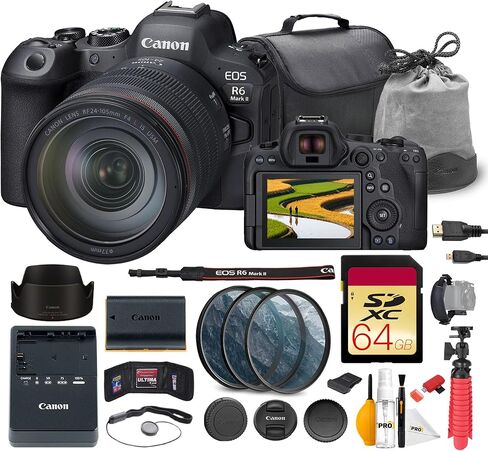 كاميرا Canon EOS R6 Mark II بدون مرآة مع عدسة مقاس 24-105 مم f/4L هي حزمة عدسات USM | مستشعر كامل الإطار 24.2 ميجابكسل، Dual Pixel AF II وفيديو 4K 60p | للمناسبات والمبدعين المختلطين + بطاقة سعة 64 جيجابايت + حقيبة + المزيد in Kuwait