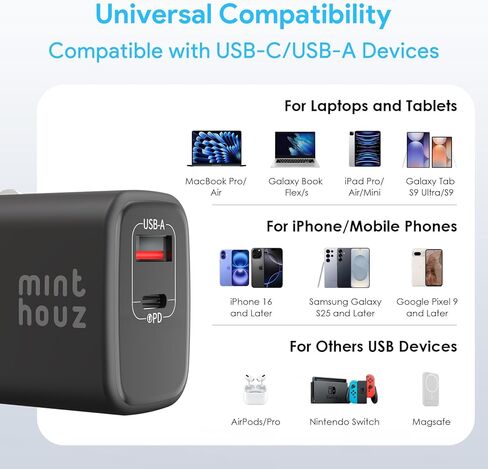 شاحن شحن سريع 35 وات USB C من مينثوز، شاحن نانو ثنائي المنفذ مع قابس قابل للطي لسلسلة iPhone 17/16/15 وiPad وGalaxy S24 Ultra والمزيد in Saudi Arabia
