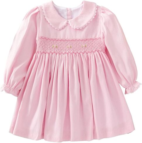 Toddler Girls Smocked Dress with Peter Pan Collar, Long Sleeve Cotton Dress for Baby Girls, Pink and Blue in Saudi Arabia