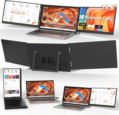 موسع شاشة الكمبيوتر المحمول HotYeah (Windows فقط)، شاشة مزدوجة ممتدة 15.6 بوصة 1080 بكسل، شاشة سفر USB-C لأجهزة الكمبيوتر المحمول مقاس 12-17 بوصة، شاشة محمولة ثلاثية مع مسند ودوران 240 درجة، اتصال كابل واحد in Kuwait