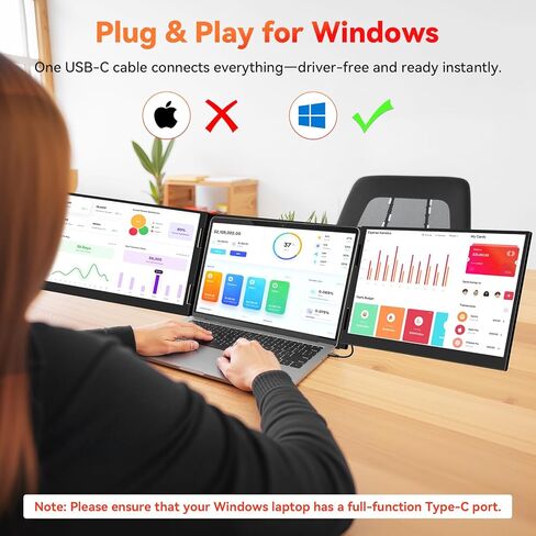 موسع شاشة الكمبيوتر المحمول HotYeah (Windows فقط)، شاشة مزدوجة ممتدة 15.6 بوصة 1080 بكسل، شاشة سفر USB-C لأجهزة الكمبيوتر المحمول مقاس 12-17 بوصة، شاشة محمولة ثلاثية مع مسند ودوران 240 درجة، اتصال كابل واحد in Kuwait