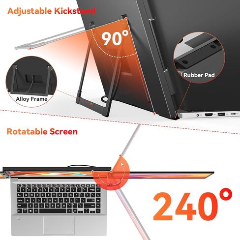موسع شاشة الكمبيوتر المحمول HotYeah (Windows فقط)، شاشة مزدوجة ممتدة 15.6 بوصة 1080 بكسل، شاشة سفر USB-C لأجهزة الكمبيوتر المحمول مقاس 12-17 بوصة، شاشة محمولة ثلاثية مع مسند ودوران 240 درجة، اتصال كابل واحد in Kuwait