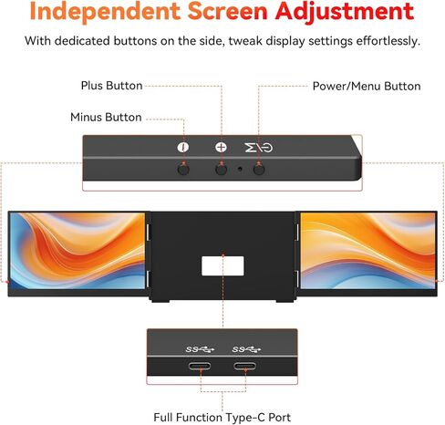 موسع شاشة الكمبيوتر المحمول HotYeah (Windows فقط)، شاشة مزدوجة ممتدة 15.6 بوصة 1080 بكسل، شاشة سفر USB-C لأجهزة الكمبيوتر المحمول مقاس 12-17 بوصة، شاشة محمولة ثلاثية مع مسند ودوران 240 درجة، اتصال كابل واحد in Kuwait