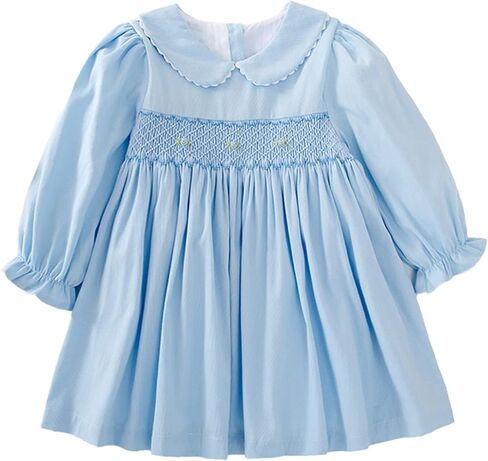 فستان للفتيات الصغيرات بياقة بيتر بان، فستان قطني بأكمام طويلة للفتيات الصغيرات، وردي وأزرق in Kuwait