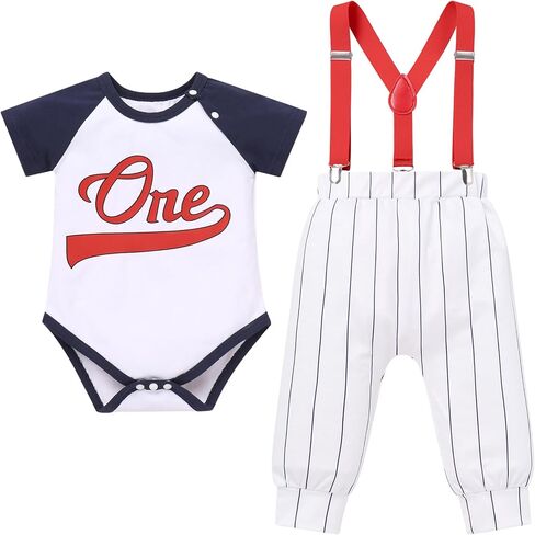 IBTOM CASTLE Baby Boy First Birthday Outfit Baseball 1st Birthday Outfit Baseball Romper+Striped Pant+Suspenders in Saudi Arabia