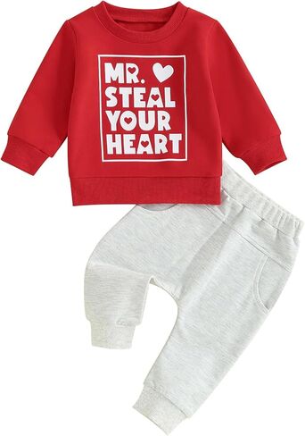 Toddler Baby Boy Valentine's Day Outfits Letter Print Long Sleeve Crew Neck Sweatshirt Elastic Waist Pants 2Pcs Set in Kuwait