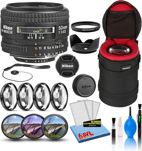 Nikon AF NIKKOR 50mm f/1.4D Compact Prime Lens (1902) with Padded Lens Case + Macro Filter Kit + UV, CPL, FL Lens Filters + Tulip Hood + Lens Cap Keeper + Cleaning Kit (Renewed) in Saudi Arabia