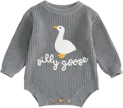 Baby Girl Boy Fall Winter Outfit Long Sleeve Silly Goose Embroidery Knit Sweater Bubble Romper Newborn Clothes in Saudi Arabia
