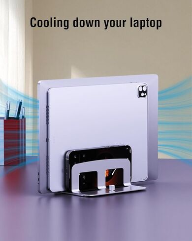 حامل كمبيوتر محمول عمودي، حامل كمبيوتر محمول معدني للمكتب متوافق مع MacBook Air/Pro، حامل كمبيوتر محمول قابل للتعديل للمكتب والمنزل، يناسب أجهزة Mac الصغيرة وأجهزة MacBook Dell HP حتى 17 بوصة، فضي in Kuwait
