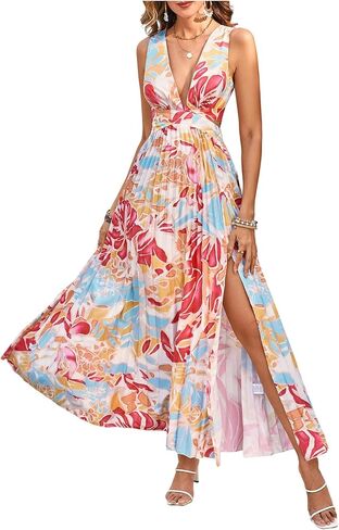 SOLY HUX Women's Boho Floral Maxi Dress Deep V Neck High Split Pleated Party Dresses Vacation Outfits in Saudi Arabia