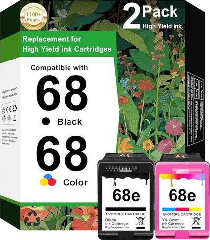 خراطيش حبر 68e سوداء/ثلاثية الألوان (عبوة من قطعتين) بديلة لطابعة HP Ink 68 68e Ink Works لطابعة Envy 6100e 6552e 6555e 6558e 6155e 6152e (1 أسود، 1 لون) in Kuwait