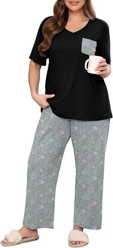 طقم بيجامات نسائي من AusLook Plus مكون من قطعتين طقم صالة بأكمام قصيرة وبنطلون بطول كامل ملابس نوم ناعمة مطبوعة من Pjs in Kuwait